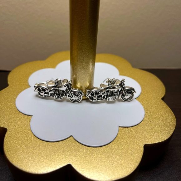 Silver Motorcycle Earrings, Handcrafted - Picture 1 of 5
